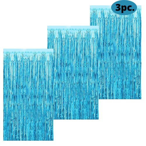 Image of 3 ft X 6 ft Metallic Light Blue Foil Curtain for Birthday Decorations /Anniversary (3 pc Light Blue Metallic Foil Fringe Curtain)