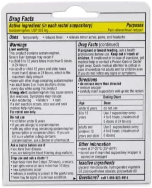 4 Pack FEVERAL JR. ACETAMINOPHEN 325MG Suppository 6CT