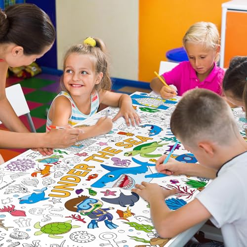 Image of Under The Sea Large Coloring Poster for Kids 30 x 72 Inch, Ocean Animals Giant Coloring Paper Tablecloth, Sea Themed Color-in Activities Games for Kids School Classroom Home Party Supplies Decorations