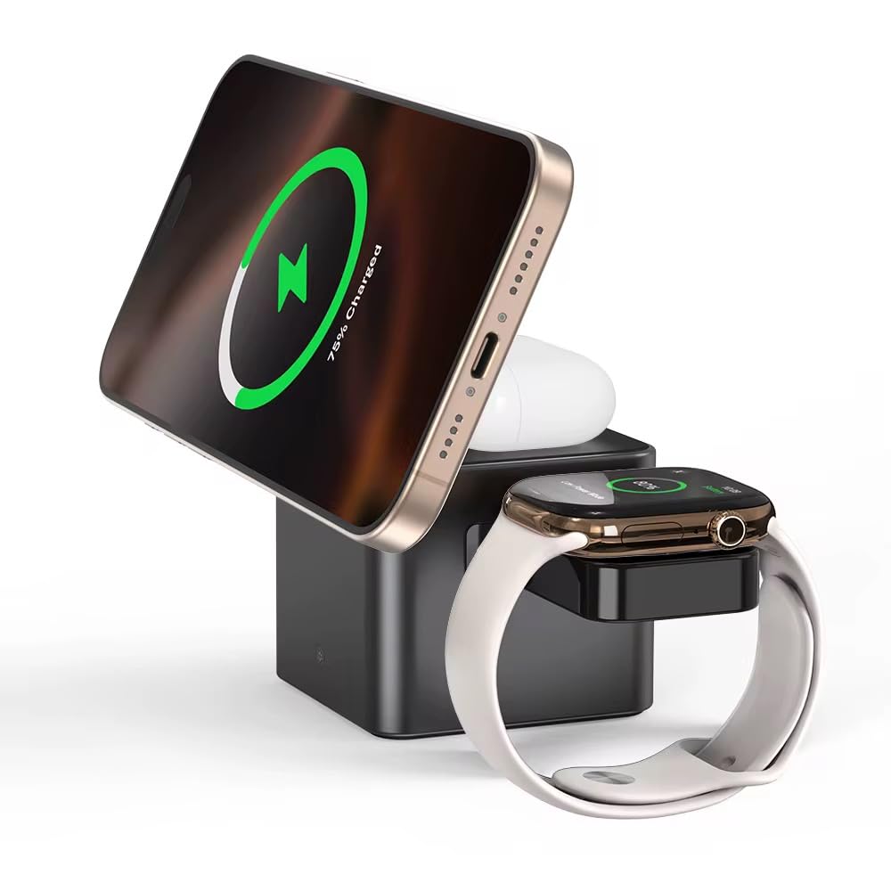 PowerCube, Station de Charge 3 en 1 Compatible MagSafe pour iPhone, Apple Watch et AirPods | Chargeur Induction Qi2 pour iPhone 16/15/14/13/12| Support Compatible Magsafe Table de Nuit |