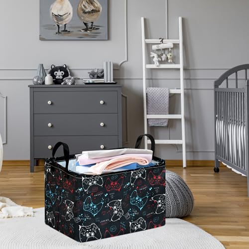 Image of Rectangular Game Controller Storage Basket with Handles, Hamper Storage Basket Collapsible Organizer Bin for Home and Kitchen Storage