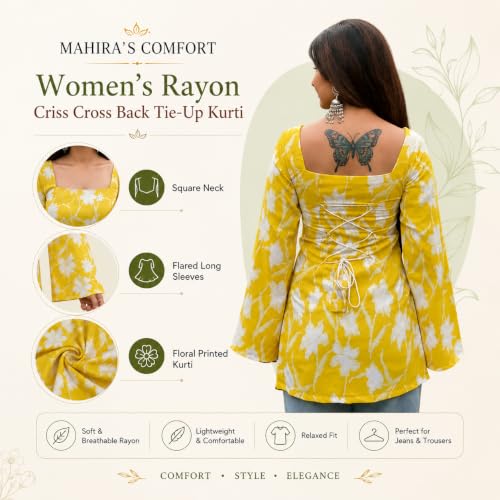 Image of MAHIRA'S Comfort Women's Short Kurti, Rayon Tunic Top with 3 /4 Embroidered Designer Sleeves | Soft Breathable Fabric | Office & Casual Kurti for Jeans, Leggings & Trousers