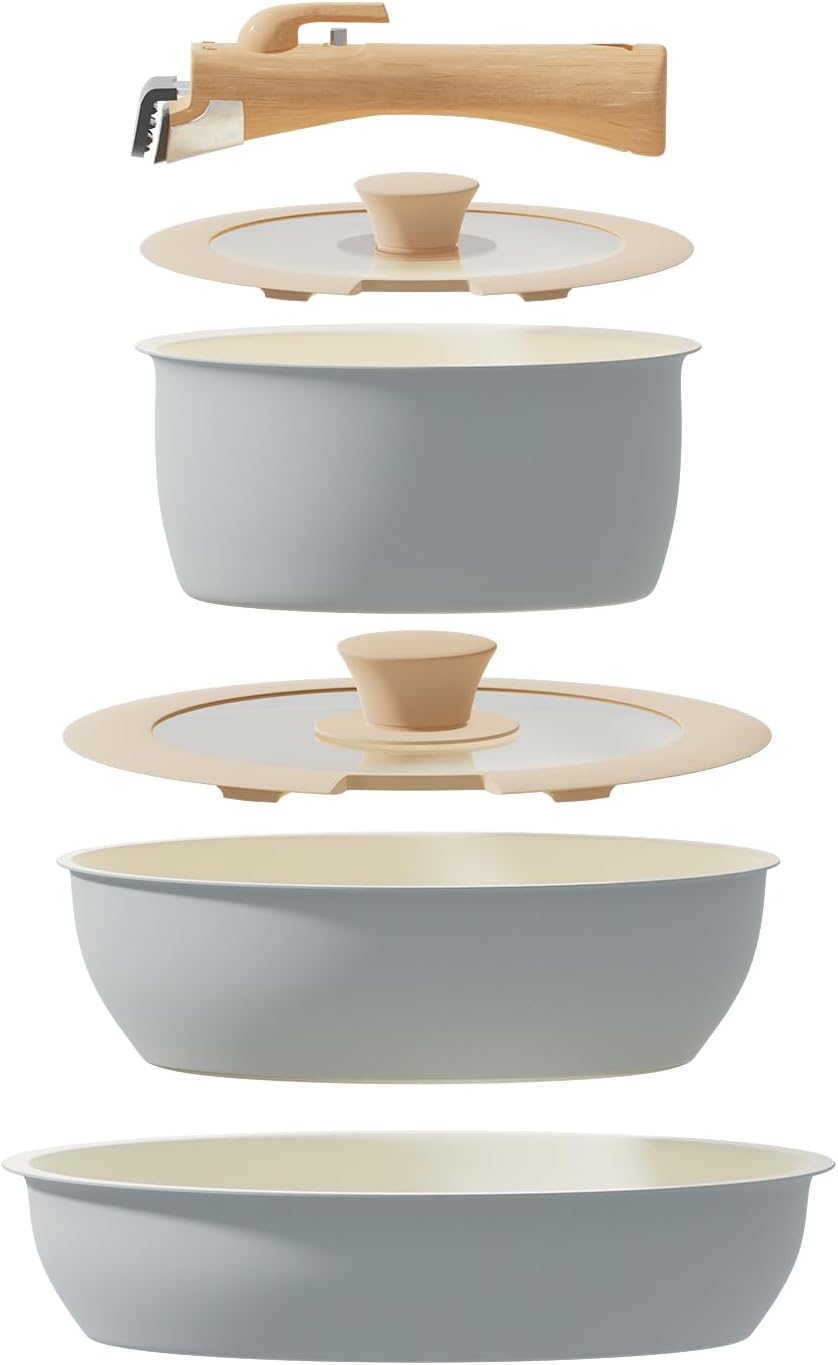 ShanSon 6 Pieces Kitchen Non-Stick Cookware Sets with Removable Handle, Stackable Pots and Pans Set Nonstick for Induction Gas RVs Camping Space Saving，Pink