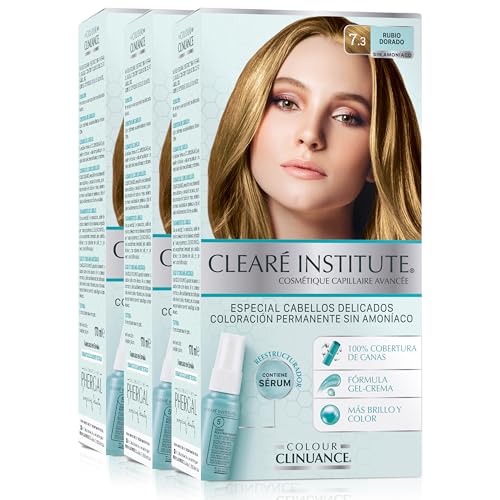 Clearé Institute | Colour Clinuance | Coloración Capilar Permanente Sin Amoniaco | Tinte de Pelo 100% Cobertura de Canas, Incluye Sérum Capilar | Método Curly |7.3 Rubio Dorado | Pack de 3