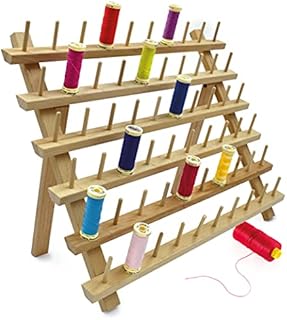 Spools Wooden 60 Thread Rack for Cotton Reel Holder and Sewing Thread Organisation, Hanging Hooks Free Standing or Wall Mounted - Hooks for Sewing, Quiltying, Embroidery, Hair Braiding