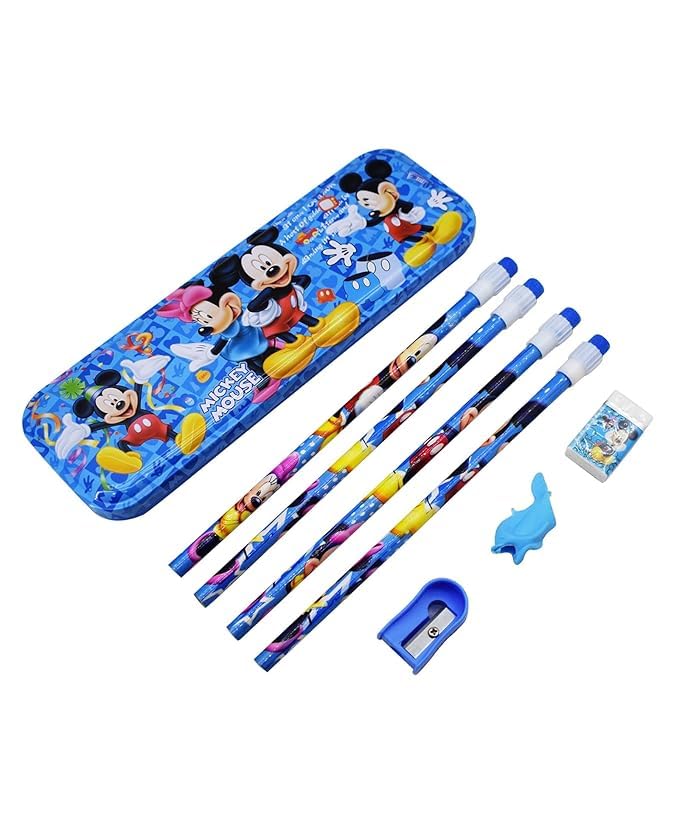 Image of Kidox Stationery Set for Kids- Birthday Gift for Girls, Boys - Metal Geometry Box for Girls & Boys Kids Pencil Box Set, Pencil Case Set, Pencil, Erasers, Sharpener for Children-Blue Micki-Mouse