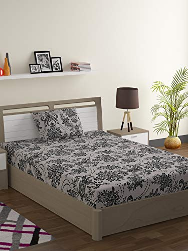 Image of Swayam Roto Cotton Double Bedsheet with 2 Pillow Covers | Size 90 x 100 inch | 144 TC | Floral Design | Soft Breathable Bed Sheet | Comfortable & Durable for Bedroom - Beige & Black