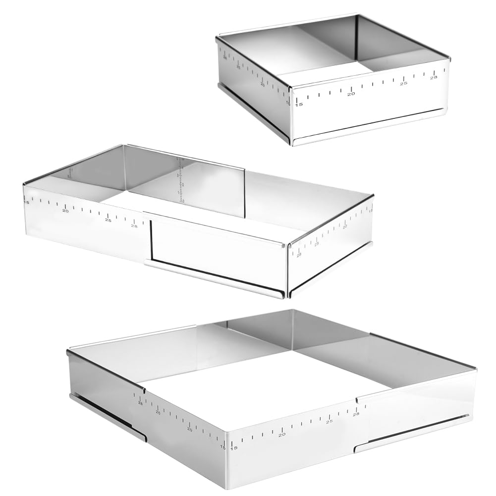 Guowall Adjustable Square Mousse Cake Mould, Stainless Steel Expandable Rectangular Baking Frame for Mousse Cakes Tiramisu, 15 to 28 cm - Image 2