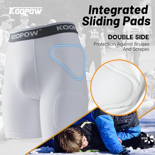 KOOPOW Youth Boys Padded Sliding Shorts Slider Pads with Soft Protective Athletic Cup for Baseball, Football, Lacrosse (Medium, White)
