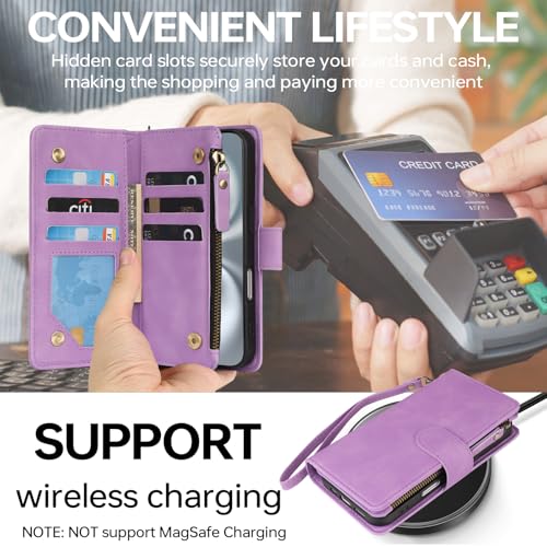 RANYOK Compatible with iPhone 16 Case Wallet - PU Leather Wallet Case for iPhone 16 with Credit Card Holder RFID Blocking Zipper Pocket with Wrist Strap Flip Folio Protective Case (Purple) by RANYOK - Image 4