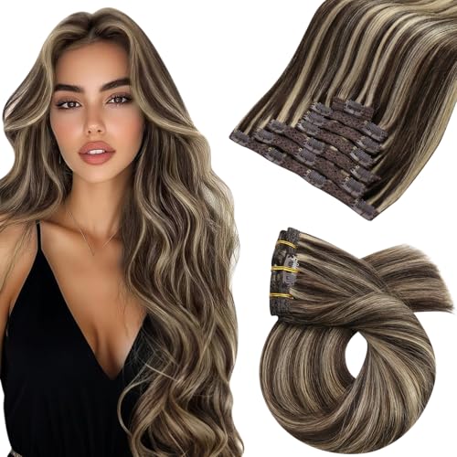 Moresoo Clip in Hair Extensions Real Human Hair Dark Brown Highlighted Caramel Blonde Clip in Real Hair Extensions 22 Inch 7 Pieces/120g #P4/27