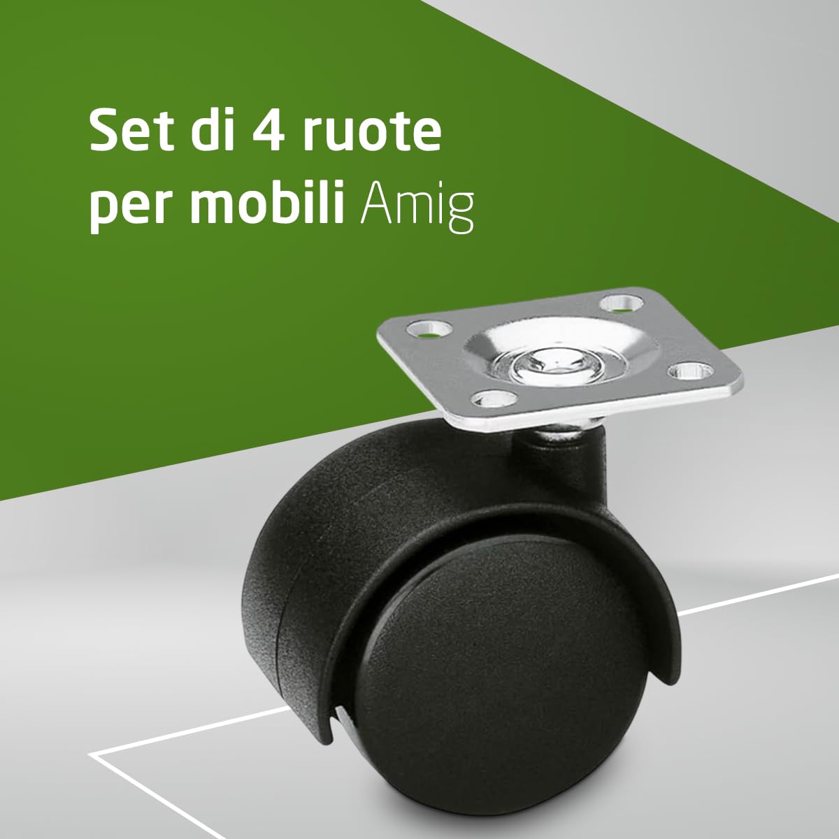 Amig - Set di 4 Ruote per Mobili - 60 mm - Portata Massima per Ruota 50 kg - Piastra in Acciaio - Realizzate in Nylon - Senza Freno - Ideali per Sedie da Ufficio o Tavoli Bassi