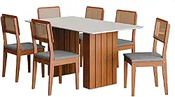 Conjunto de Mesa Sala de Jantar Ripada Tampo com Vidro 1,60m 6 Cadeiras Santiago Madeirado/Cinza
