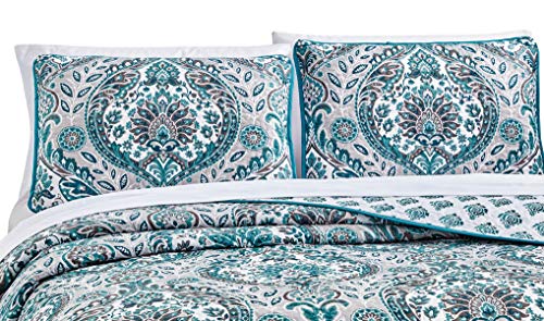 Azore Linen Reversible Turquoise Grey Paisley Ogee Damask Motif Soft Bedspread Bedding Coverlet Quilt Set - Lori (Full / Queen) #TOP1