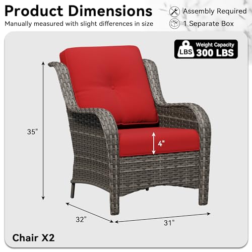 Image of Patio Chairs Set of 2, Outdoor Wicker Patio Furniture Set with Thickened Olefin Cushions, High Back and Deep Seating, Wide Curved Armrest Hand-Woven PE Rattan for Porch, Deck, Red