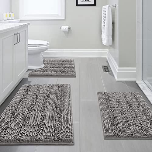 H.VERSAILTEX 3 Piece Bathroom Rugs Sets Thick Striped Bath Rugs Set for Bathroom Non Slip Soft Absorbent Bath Mat Set for Tub, Shower and Toilet(17''x24''+20''x32''+20''x24'' U-Shaped, Dove)