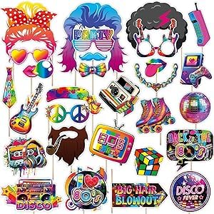 KSHGTB Retro 80's Photo Prop Set - 30 Pcs Multicolor | 80s Party Decoration & Party Props, Perfect for 1980's Theme Decor, Favors & Supplies