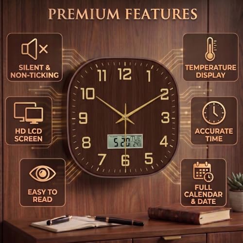 Image of STAR WORK 12 inch Inch Square Silent Non-Ticking Quartz Movement Wall Clock with Analog & Digital Display | Easy-to-Read Numbers | Modern Design for Living Room, Bedroom or Office (Walnut - Gold Digital)