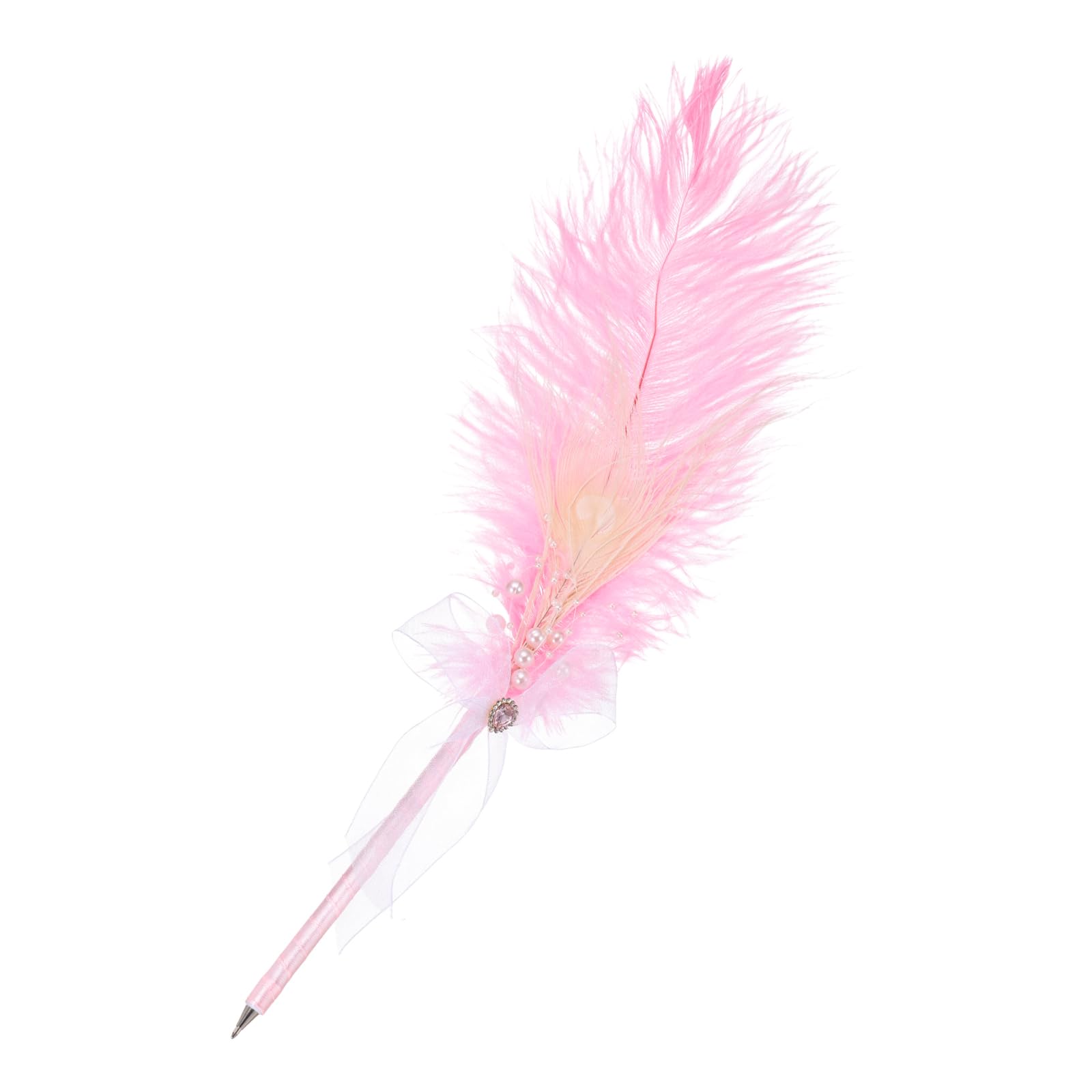 PATIKIL Feather Pen, Ostrich Vintage Feather Quill Pen 1mm Black Ink Signature Ballpoint Pens Fluffy Pearl Ribbon Design for Wedding Bridal Party Signing Writing, Pink