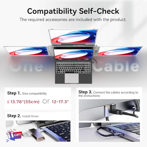 Image of Ladomi 16 inch Laptop Screen Extender, Just 1 Cable for 3 Screens Quad Monitor, 1200P FHD Screen Extender for 12 inch-17.3 inch Laptops, Triple Portable Monitor for Wins /Mac M1|M2|M3|M4|M5