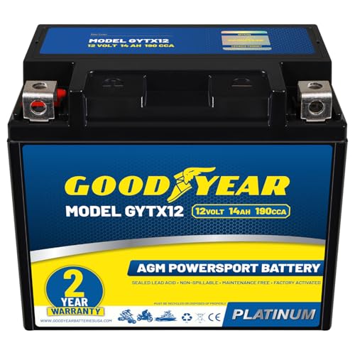 Goodyear GYTX12-12 Volt 14 AH 190 CCA Rechargeable High-Performance Maintenance Free SLA - AGM Battery for Motorcycle ATV UTV 4-Wheeler Snowmobile Watercraft and more!