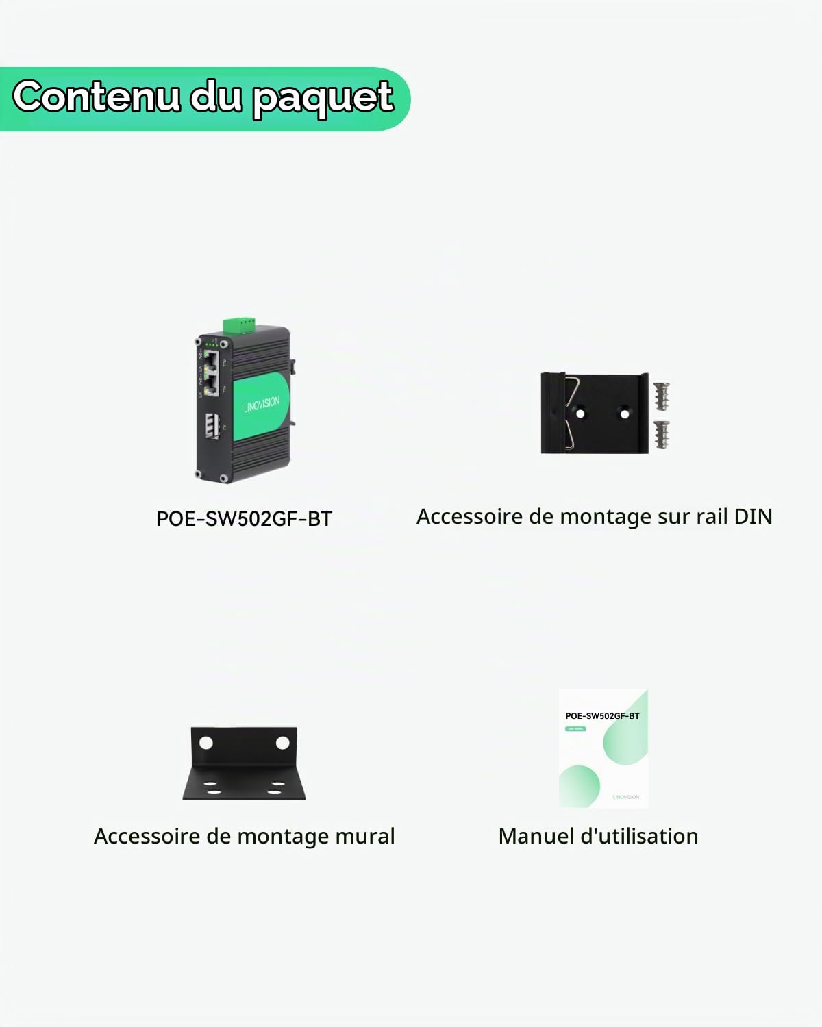LINOVISION Commutateur industriel 2 ports Gigabit BT90W PoE++ avec liaison montante SFP en fibre IEEE802.3af/at/bt, IP40, injecteur PoE compact pour caméra PTZ, éclairage PoE, téléphone VoIP, AP