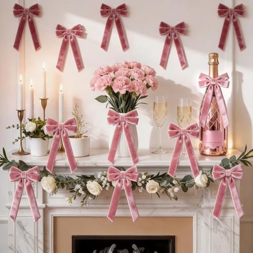 12 Pcs Pink Velvet Bows 5 x 10 Inch Pink Ribbon Bows for Girls Women Coquette Room Decor Baby & Bridal Shower Decorations Aesthetic Pre-Tied Bow for Mothers Day Bachelorette Wedding Party Decor