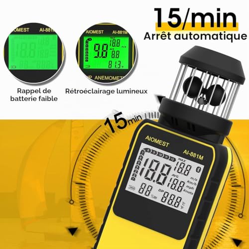 Anémomètre Portable Extérieur Anemometre, AIOMEST Compteur de Vent Vitesse Numérique Mesureur de Vitesse du Vent 150 km/h Air Velocity, Température Pour Drone, Chasse, Voile et VMC, AI-881M Wind Meter – vue 4