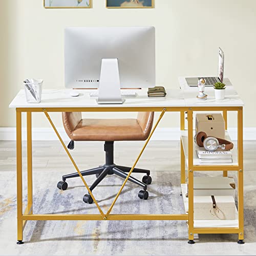 Greenforest L Shaped Desk 47 Inch Small Size Corner Desk With Storage Shelf Writing Computer Desk Saving Space For Home Office Pc Workstation Laptop Table, Marble #TOP7