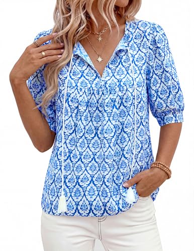 PRETTYGARDEN Womens Summer Boho Tops 2026 Tie Front V Neck Print Loose Fit Short Sleeve Peasant Blouses Vacation Outfits(Floral Blue,XX-Large) — view 4