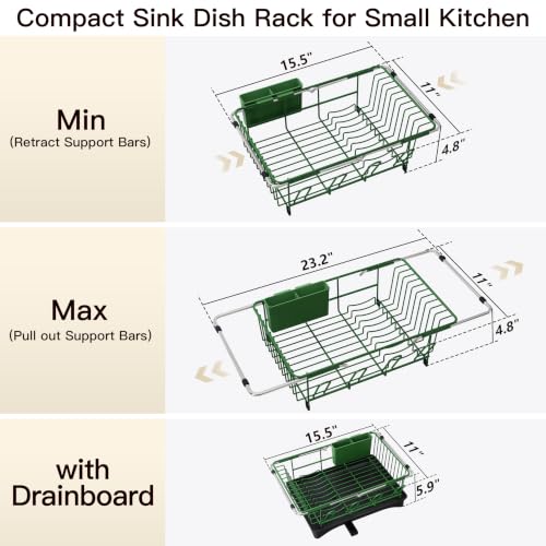 Image of JASIWAY Green Dish Drying Rack in Sink with Drainboard and Utensil Holder