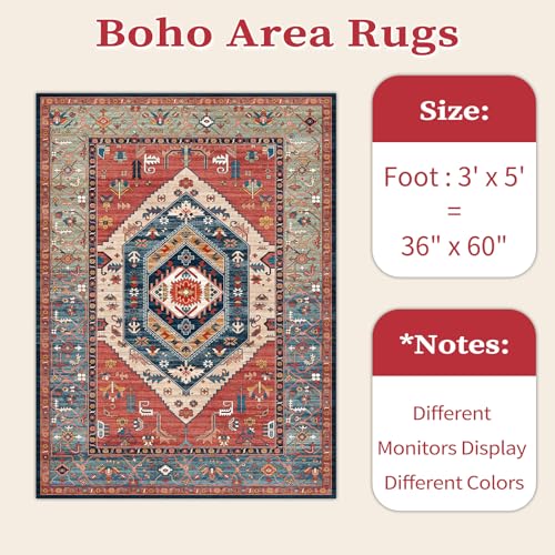 SERISSA Area Rug 3x5 Boho Rugs for Bedroom, Washable Non-Slip Kitchen Rugs, Ultra Soft Print Distressed Tribal Rust Rug Low-Pile Throw Rug Carpet for Entry Bedroom Nursery Living Room Dorm Decor