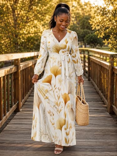 Image of PinkPatty Plus Size Dresses for Curvy Women V Neck Flowy Long Sleeves Wrap Maxi Dress Travel Vacation Outfits