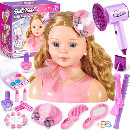 Frisierkopf Kinder Schminkkopf Mädchen Spielzeug Stylingkopf Set mit Haartrockner Lockenstab Schminke Hut Haarstyling Zubehör Rollenspiel Geschenk Puppenkopf zum Schminken Frisieren ab 3 Jahre
