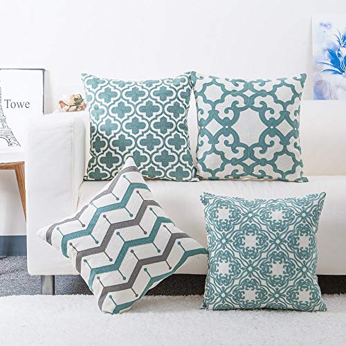 baibu Pack of 4 Embroidered Throw Pillows Covers, Decorative Teal Throw Pillow Case Turquoise Cushion Cover for Couch Sofa 18x18 inch/4PCS