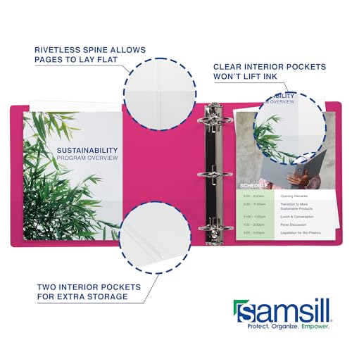 Samsill Durable 1 Inch Binder, Made in The USA, D Ring Binder, Customizable Clear View Cover, Magenta, Holds 225 Pages