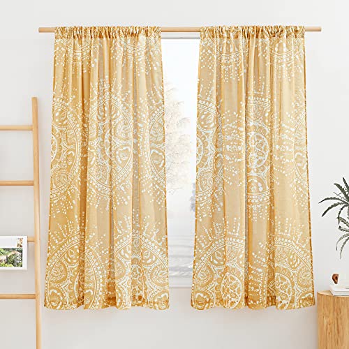 NICETOWN Boho Curtains Burlap Linen Drapes, Rod Pocket Privacy Semi Sheer Eclectic Bohemian Panels Indian Mandala Pattern with Light Filter for Bedroo