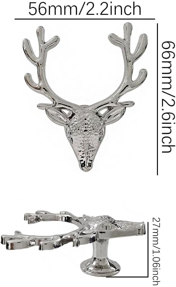 Deer Cabinet Knobs 4 Pack，Vintage Animal Elk Drawer Knobs Handle for Dresser Wardrobe Cupboard Kitchen Furniture Decorative Hardware Single Hole Metal Pulls (Silver)