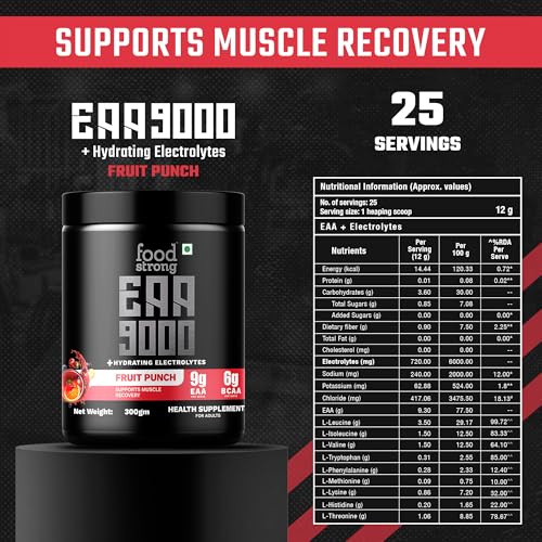 Image of Foodstrong EAA 9000 with Hydrating Electrolytes, Fruit Punch Flavour, 9g Essential Amino Acids (EAA) & 6g BCAA Per Serving - Supports Muscle Recovery & Rehydration - 300g, 25 Servings
