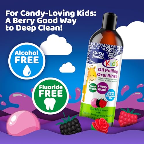 GuruNanda Kids Oil Pulling, Alcohol-Free Mouthwash, Essential Oils & Vitamins for Fresh Breath & Happy Gums for Ages 6 & up, Natural Bubble Berry, 8 Oz