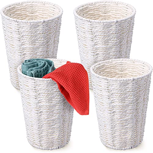 4 Pieces Wicker Waste Bin Small Trash Can Round Waste Basket For Bedroom Decorative Waste Paper Basket Woven Garbage Can Rubbish Basket For Bedroom Bathroom Offices Home, 9.3 X 6.9 X 5.1 Inch (White) #TOP18