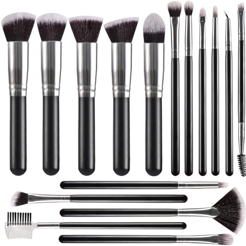 ZLENSZLENSHR 16pcs Makeup Brush Set Premium White Wash Synthetic Foundation Mixer Flour Eyeshadow Concealer Brush Blush Contour Makeup tool with short handle gift (black, 16 makeup brushes)