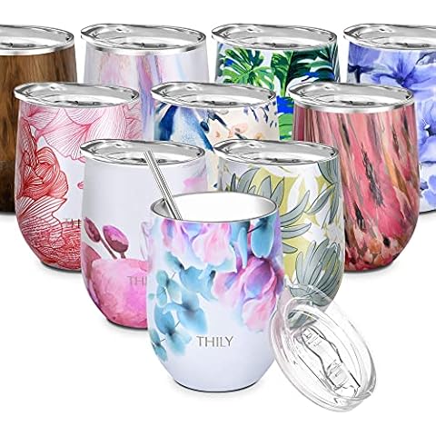THILY Stainless Steel Insulated Wine Tumbler Stemless Wine Glass with Lid and Straw, Splash-proof, Cute Travel Cup for Coffee, Cocktails, Christmas Gift for Women, Mother, Wife, Girls, Pink Lilies Cover