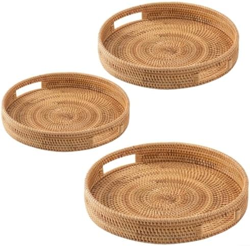 Yuvarlak Rattan Tepsi Yiyecek İçecek Servisi için Meyve Atıştırmalıkları Oturma Odasında Mutfak Çiftlik Evi Çay Odası veya Veranda Sağlam El Dokuması Yapılı (25 cm) - Görsel 3