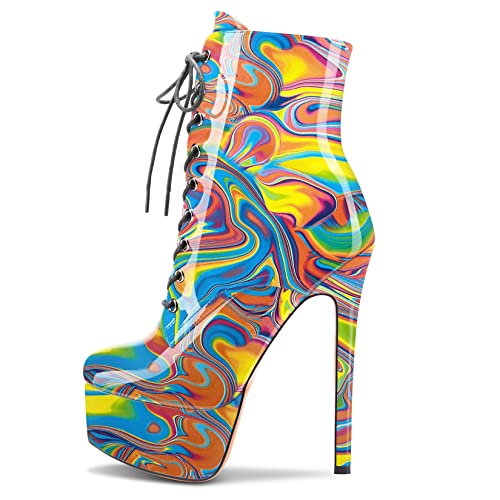Image of Aachcol Women Ankle Boots Short Bootie Platform Stiletto High Heel Round Toe Dress Shoes Lace-up Patent 6.5 Inch