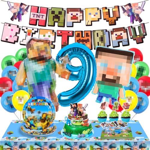 WuGU Decorazioni Compleanno 9 Anni, 65 Pezzi Set Stoviglie di Compleanno con Striscioni, Topper per Torta, Palloncini, Piatti, per Decorazioni Stoviglie Feste di Com-pleanno per Bambini