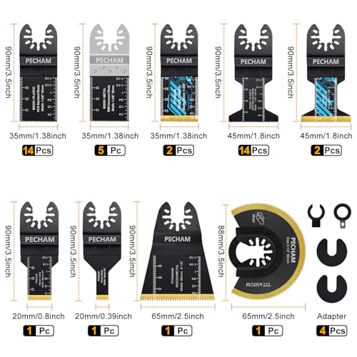 Image of Oscillating Saw Blades, PECHAM 45PCS Professional Universal Titanium Multitool Blades for Wood Plastics Metal Quick Release Multi Tool Kits Fit Rockwell Ridgid Ryobi Milwaukee Chicago Craftsman