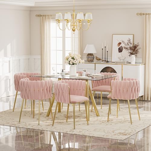 HAIZAO Glam Style 7-Piece Dining Table Set for 6, 51 Rectangle Tempered Glass Dining Table with Gold Metal Base, Pink Tufted Velvet Upholstered Dining Chairs for Kitchen, Dining Room