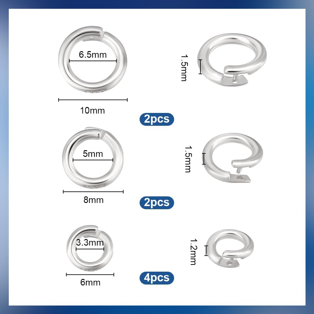 PH PandaHall 925 Sterling Silver Locking Jump Rings 8pcs 6/8/10mm Open Jump Rings O Ring Snapping Circle Linking Ring Thick Jewelry Connectors for Necklace Bracelet Making DIY, 15~16 Gauge