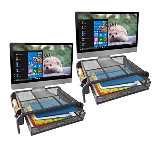 Halter Mesh Monitor Stand, Computer Desk Riser Shelf, Pull Out Drawer with Handle, Desk Organizer with Side Compartments, Black, Set of 2